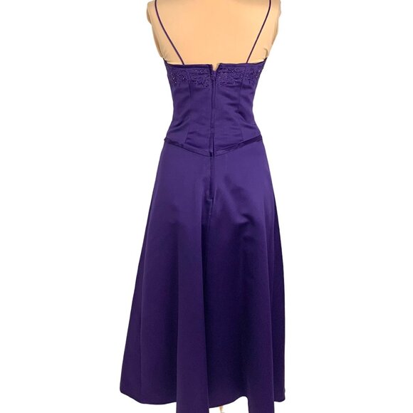 Mori Lee Madeline Gardiner Purple Satin Midi Evening Gown 5/6 Spaghetti Straps - Picture 6 of 12